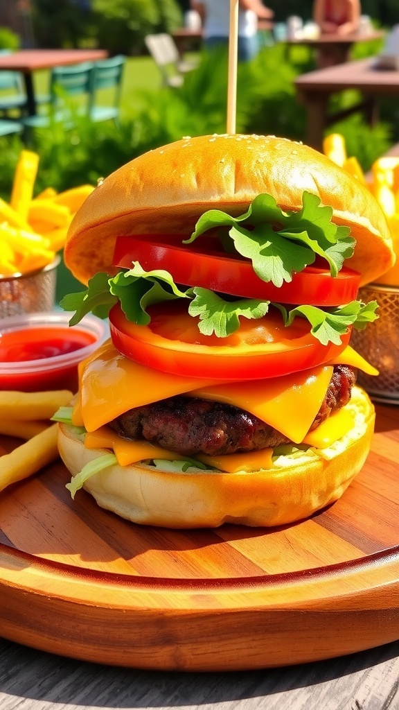 Classic Cheeseburger Recipe A classic cheeseburger with melted cheese, lettuce, and tomato on a plate with fries and ketchup.